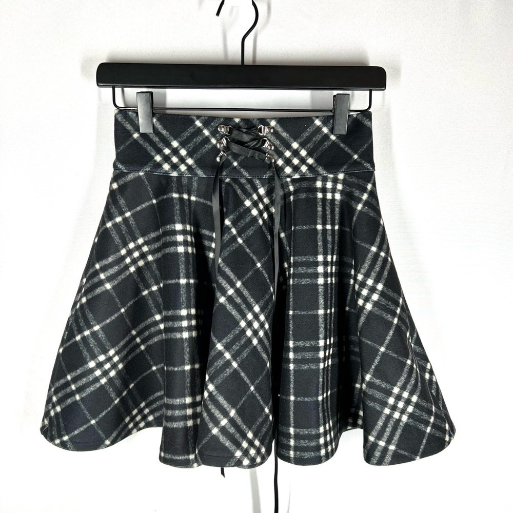 Lady Ghost Plaid Mini Skater Skirt Lace Up Soft Fleece size S